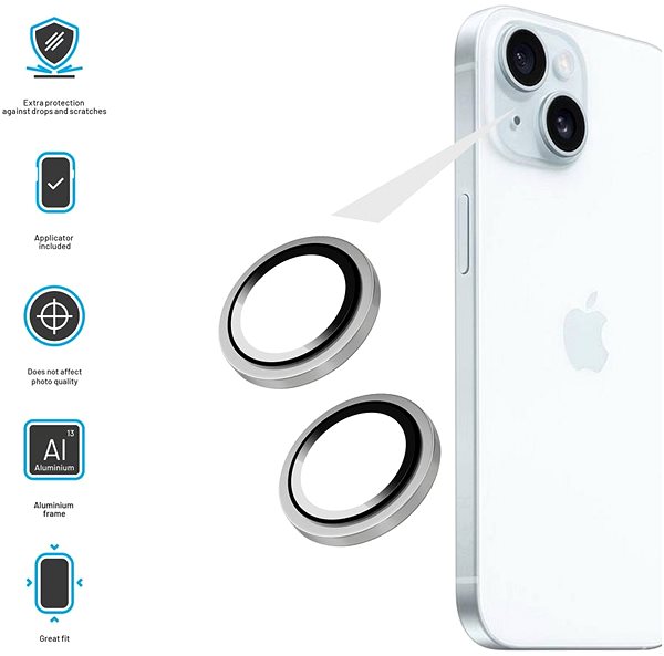 Ochranné sklo FIXED Camera Glass pre Apple iPhone 15/15 Plus strieborné ...