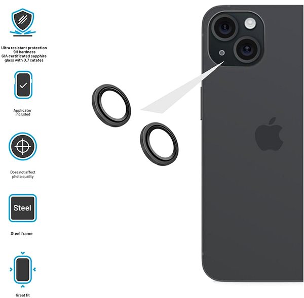Glass Screen Protector FIXED Armor Sapphire Camera Glass for Apple iPhone 15/15 Plus black ...