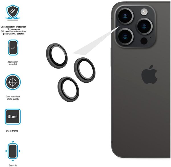 Glass Screen Protector FIXED Armor Sapphire Camera Glass for Apple iPhone 15 Pro/15 Pro Max black ...