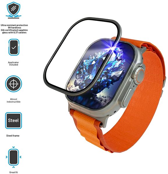 Glass Screen Protector FIXED Armor Sapphire with steel frame for Apple Watch Ultra 49 mm ...