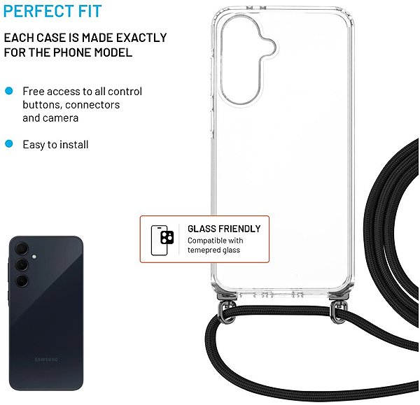 Handyhülle FIXED Pure Neck AntiUV mit abnehmbarem schwarzem Lanyard für Samsung Galaxy A36 5G/A56 5G ...