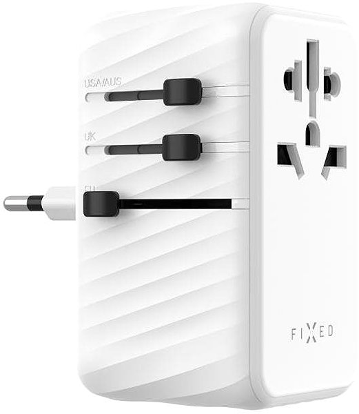 Utazó adapter FIXED Voyager Travel GaN PD 120W - EU UK, USA / AUS + 3 × USB-C + 1 × USB, fehér ...