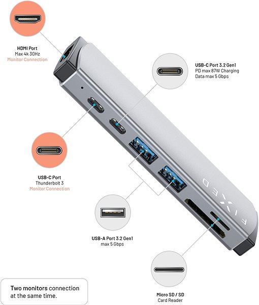 Port Replicator FIXED HUB Mac 7-IN-1 for MacBooks Grey Connectivity (ports)