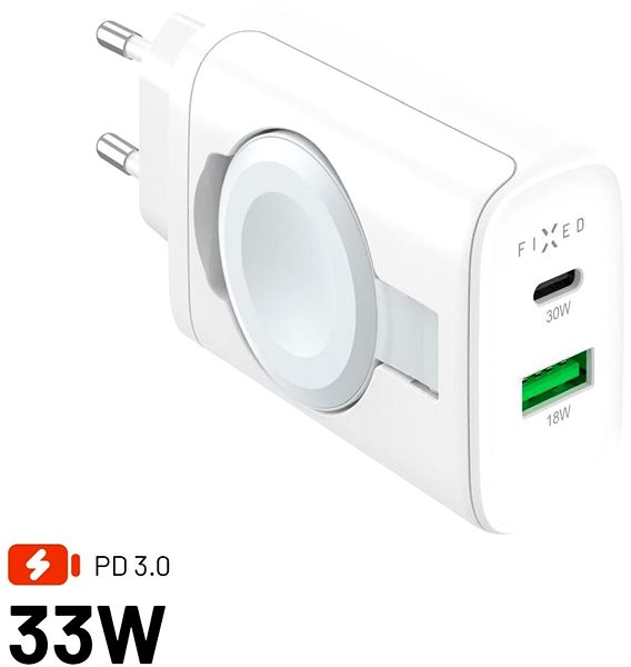 Wall Charger FIXED Power Socket with USB-A and USB-C and flip-up charger for Apple Watch 33W white ...
