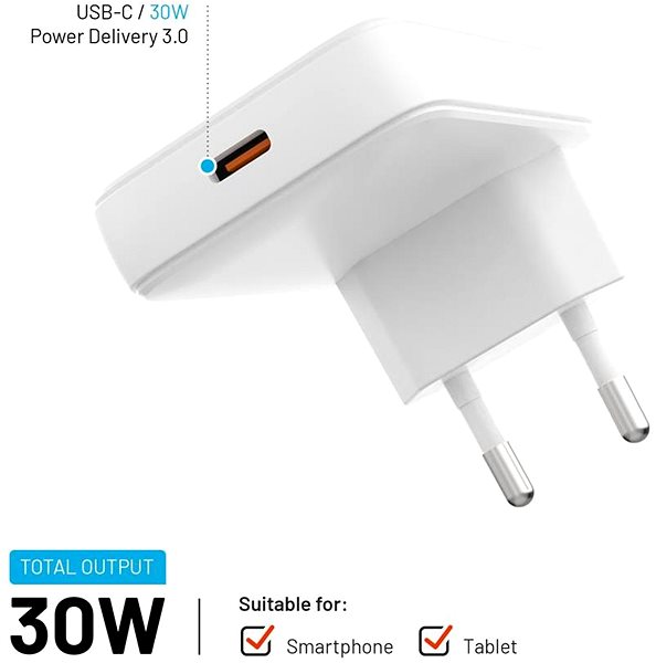 Netzladegerät FIXED Slim GaN mit USB-C Ausgang und PD Unterstützung 30 W weiß ...