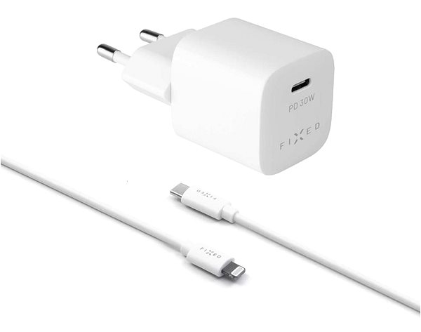Töltő adapter FIXED PD Rapid Charge Mini USB-C kimenettel és USB-C/Lightning kábellel, PD 1,2 m MFI 30 W fehér ...