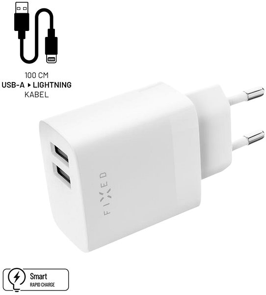 Töltő adapter FIXED Smart Rapid Charge 2× USB kimenettel és USB/Lightning kábellel, MFI, 17 W, 1 m, fehér ...