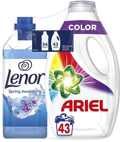 Prací gél ARIEL Color 2,15 l (43 praní) a LENOR Spring Awakening 0,85 l (34 praní) ...