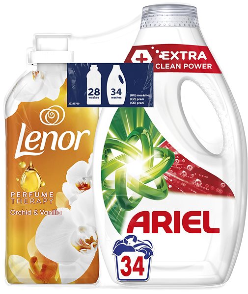 Prací gél ARIEL Extra Clean 1,7 l (34 praní) a LENOR Orchid & Vanila 0,7 l (28 praní) ...