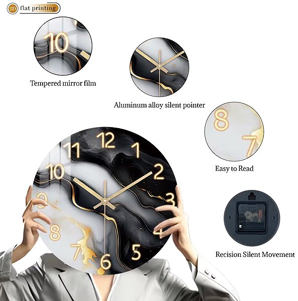 Wall Clock Predator Q1 Wall clock with abstract marble pattern and gold details, 58 cm × 29 cm ...