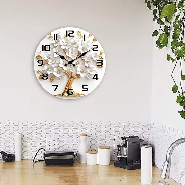 Wall Clock Predator Q1 Wall clock, white flowers and gold tree, 40 cm × 40 cm ...
