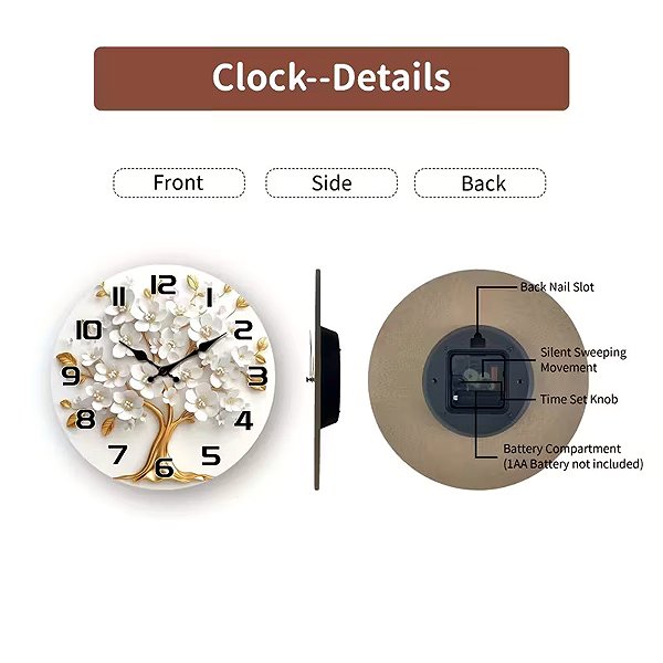 Wall Clock Predator Q1 Wall clock, white flowers and gold tree, 40 cm × 40 cm ...