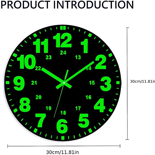 Wall Clock Predator Q1 Modern Phosphorescent Wall Clock, Black, 30 cm × 30 cm ...