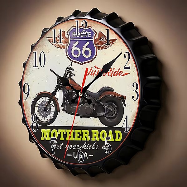 Wall Clock Predator Q1 Wall clock with bottle cap design and motorcycle pattern, route 66, 30 cm × 30 cm ...