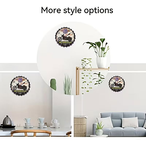 Wall Clock Predator Q1 Wall clock with bottle cap design and motorcycle pattern, route 66, 30 cm × 30 cm ...