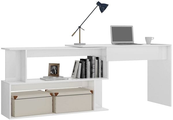 Písací stôl Rohový písací stôl biely vysoký lesk 200 × 50 × 76 cm drevotrieska 801104 ...
