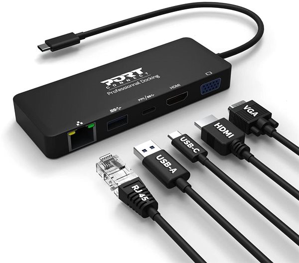Port replikátor PORT CONNECT 5 az 1-ben dokkoló állomás, LAN, HDMI, VGA, USB-C PD 3.0 85W, USB-A Csatlakozási lehetőségek (portok)
