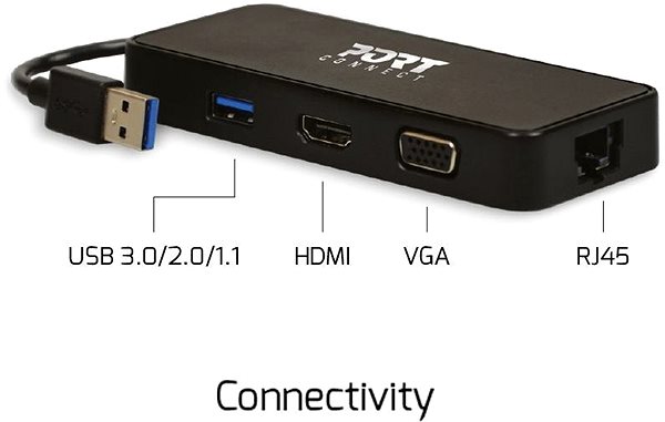 Port replikátor PORT CONNECT utazó dokkoló állomás USB, VGA, HDMI, RJ45 Csatlakozási lehetőségek (portok)