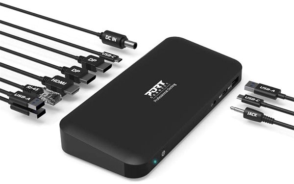 PORT CONNECT 9-in-1 USB-C docking station 3x4K, 2x Display Port, HDMI, 3x USB, USB-C, Ethernet, jack.