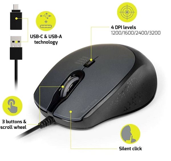 Myš PORT CONNECT SILENT USB-A/USB-C, čierna Možnosti pripojenia (porty)