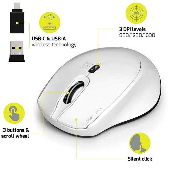 Myš PORT CONNECT SILENT, bezdrôtová, USB-A/USB-C dongle, 2,4 GHz, biela Možnosti pripojenia (porty)
