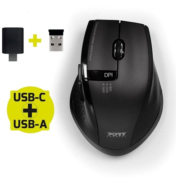 Myš PORT CONNECT SILENT, bezdrôtová, USB-A & USB-C dongle, čierna Možnosti pripojenia (porty)
