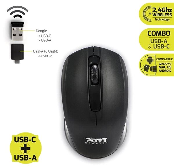 Myš PORT CONNECT Wireless office, bezdrôtová, USB-A/USB-C dongle, čierna Možnosti pripojenia (porty)