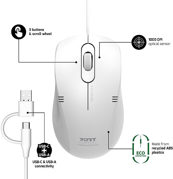 PORT CONNECT Pro Lite Mouse, USB-A, White.