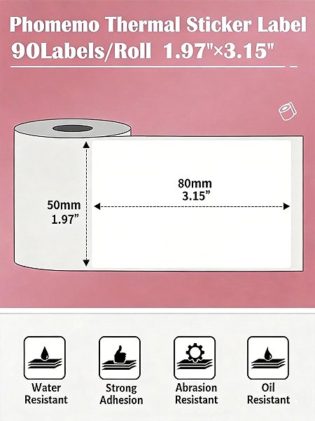 Papieretiketten Phomemo Etiketten, weiß, 50 × 80 mm, 90 Stk., für M110, M220, M221, E50Pro ...