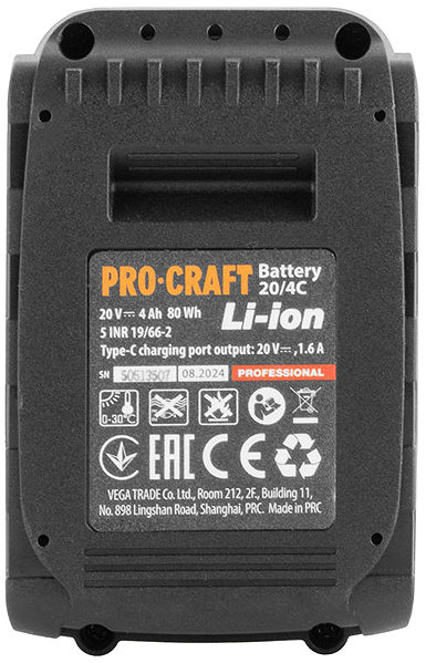 Szerszám akkumulátor Procraft akkumulátor, 20V, 4Ah, USB-C, 20/4C ...