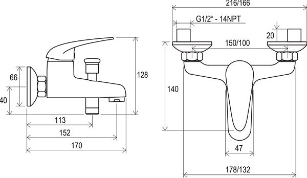 Tap RAVAK SN 022.00/150 Bath Wall Mixer 150mm Technical draft