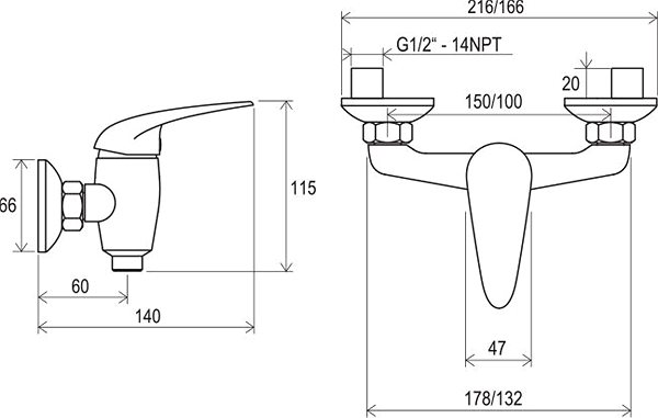 Tap RAVAK SN 032.00/150 Wall-mounted Shower Mixer 150mm Technical draft