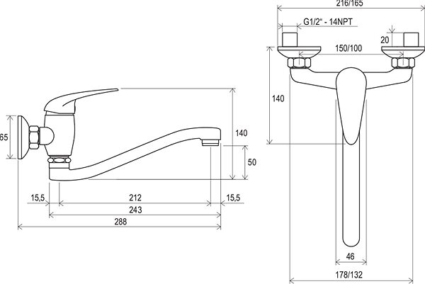 Tap RAVAK SN 041.00/150 Washbasin Wall Mixer 150mm Technical draft