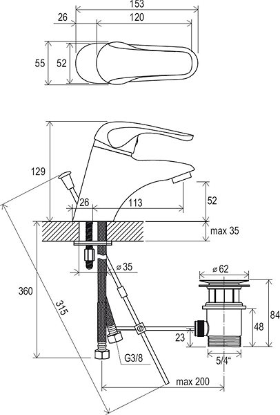 Tap RAVAK RS 011.00 Basin Mixer with Drain Technical draft