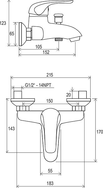 Tap RAVAK RS 022.00/150 Bath Wall Mixer 150mm Technical draft