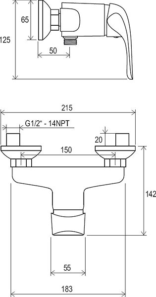 Tap RAVAK RS 032.00/150 Wall-mounted Shower Mixer 150mm Technical draft