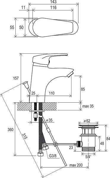 Tap RAVAK NO 011.00 Washbasin Freestanding Tap with Drain Technical draft