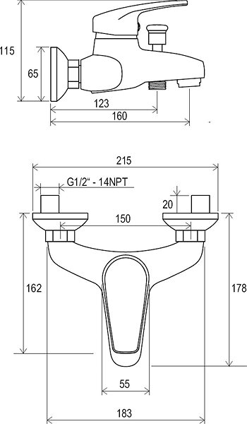 Tap RAVAK NO 022.00/150 Bath Wall Mixer 150mm Technical draft