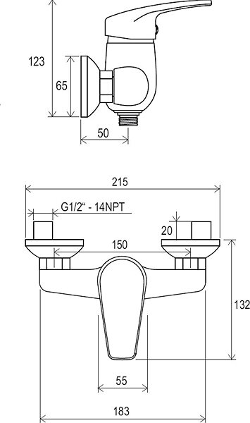 Tap RAVAK NO 032.00/150 Shower Wall Mixer 150mm Technical draft
