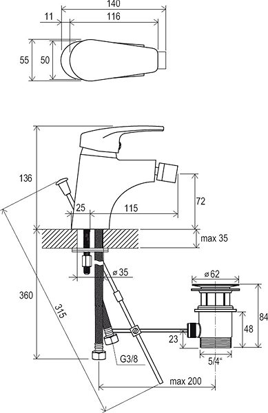 Tap RAVAK NO 055.00 Bidet Stand Mixer with Drain Technical draft