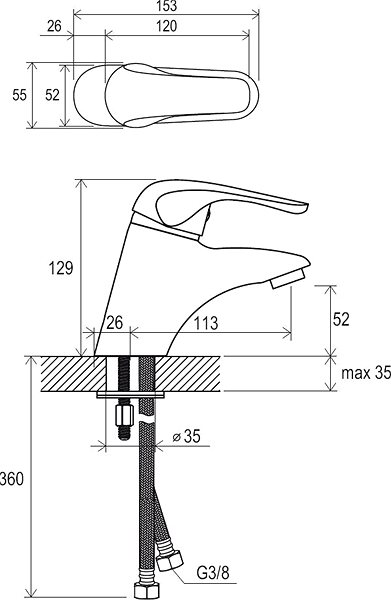 Tap RAVAK RS 012.00 Basin Mixer without Drain Technical draft