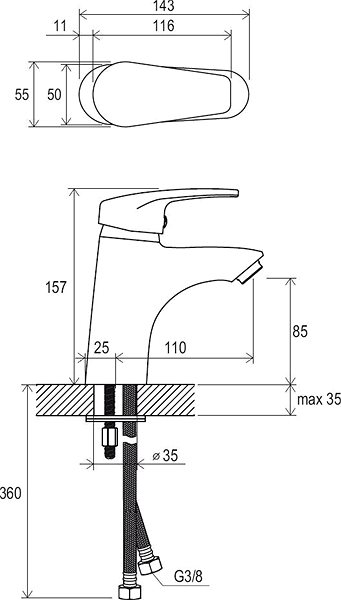 Tap RAVAK NO 012.00 Washbasin Freestanding Tap without Drain Technical draft
