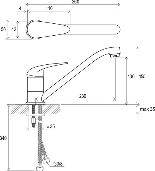 Tap RAVAK SN 016.00 Sink Stand Mixer Technical draft