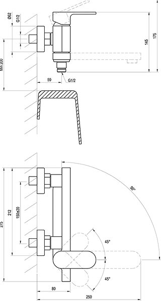 Tap RAVAK CR 022.00/150 Bath Wall Mixer 150mm Technical draft