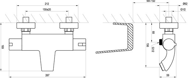 Tap RAVAK TE 082.00/150 Thermostatic Bath Wall Mixer Technical draft