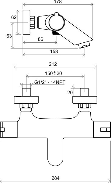 Tap RAVAK TE 022.00/150 Thermostatic Bath Wall Mixer Technical draft