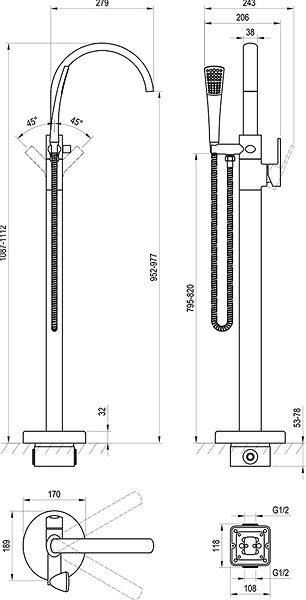 Tap RAVAK FM 080.00 Bath Mixer for Floor Technical draft