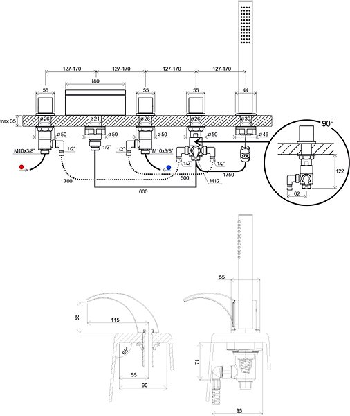 Vodovodná batéria RAVAK WF 025.00 Vaňové napúšťanie vodopád so setom Technický nákres