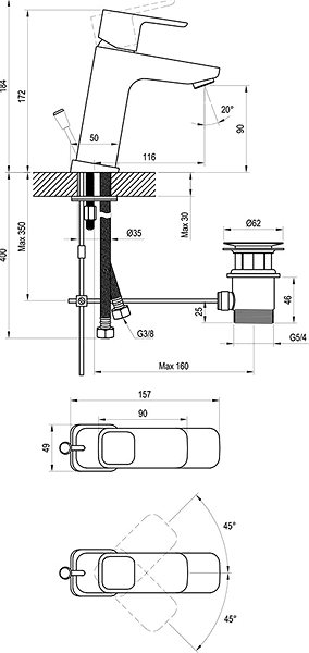 Tap RAVAK TD 013.00 Washbasin Freestanding Tap with Drain Technical draft