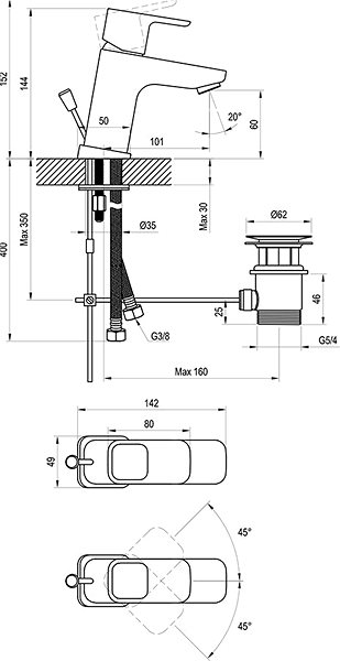 Tap RAVAK TD 011.00 Basin Mixer with Drain Technical draft